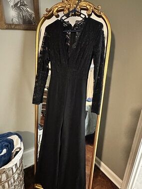 bebe Black Lace Long-Sleeve Jumpsuit